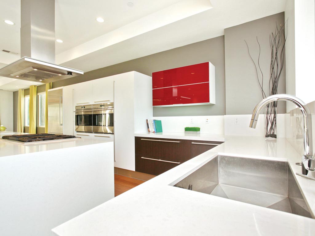 quartz kitchen countertop waterfall effect